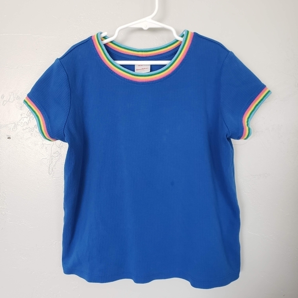 Hanna Andersson Girls 12 Blue Ribbed Short Sleeve Shirt Colorful Trim Top